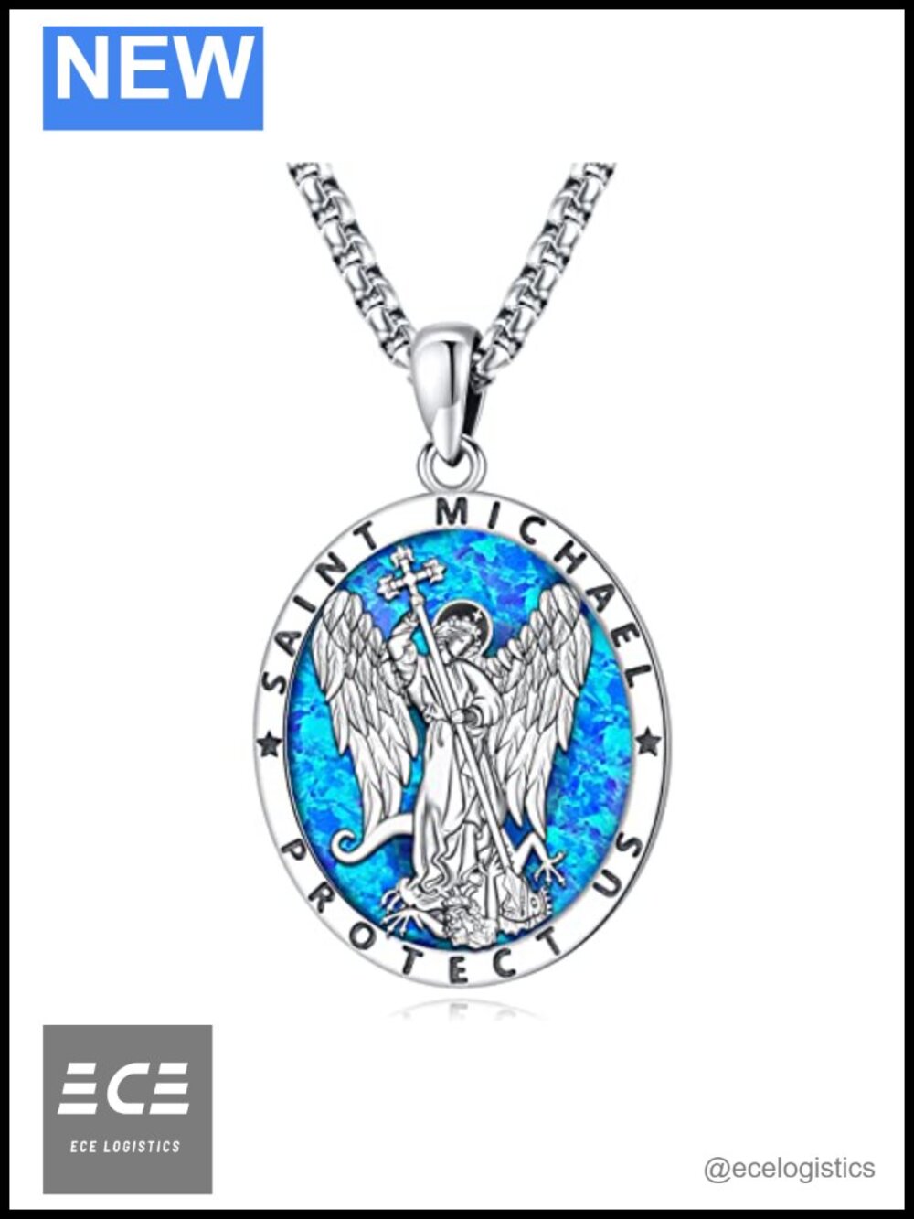 Sterling Silver St Michael Pendant Necklace Blue Opal 22"